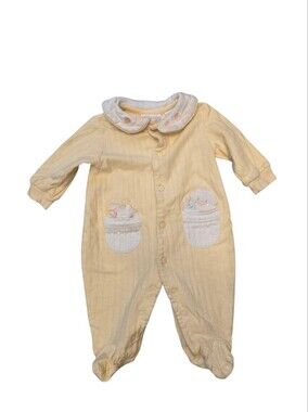 Vintage Y2k Miniwear Pastel Yellow Baby One-Piece Sleeper with Pocket Embroidery